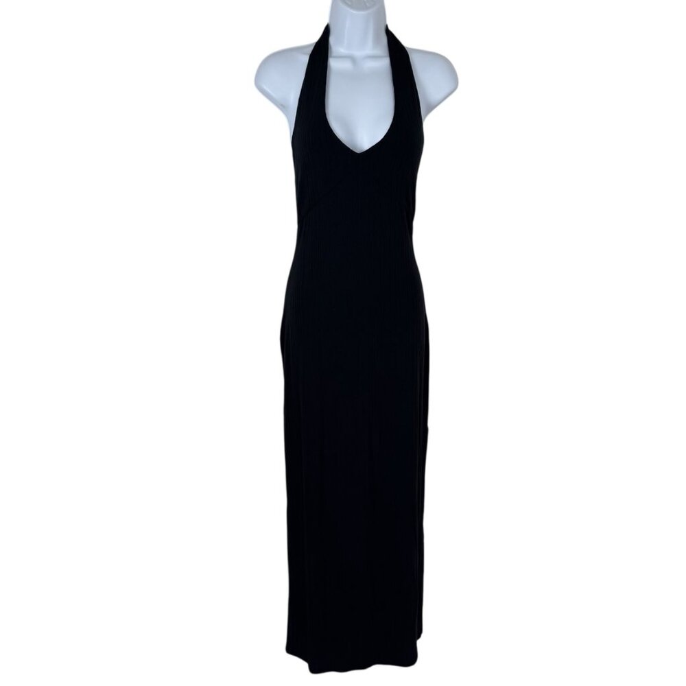 L*Space Black Bodycon Tie Halter Dress Size SM Maxi Ribbed Stretchy Casual LBD - Picture 2 of 12